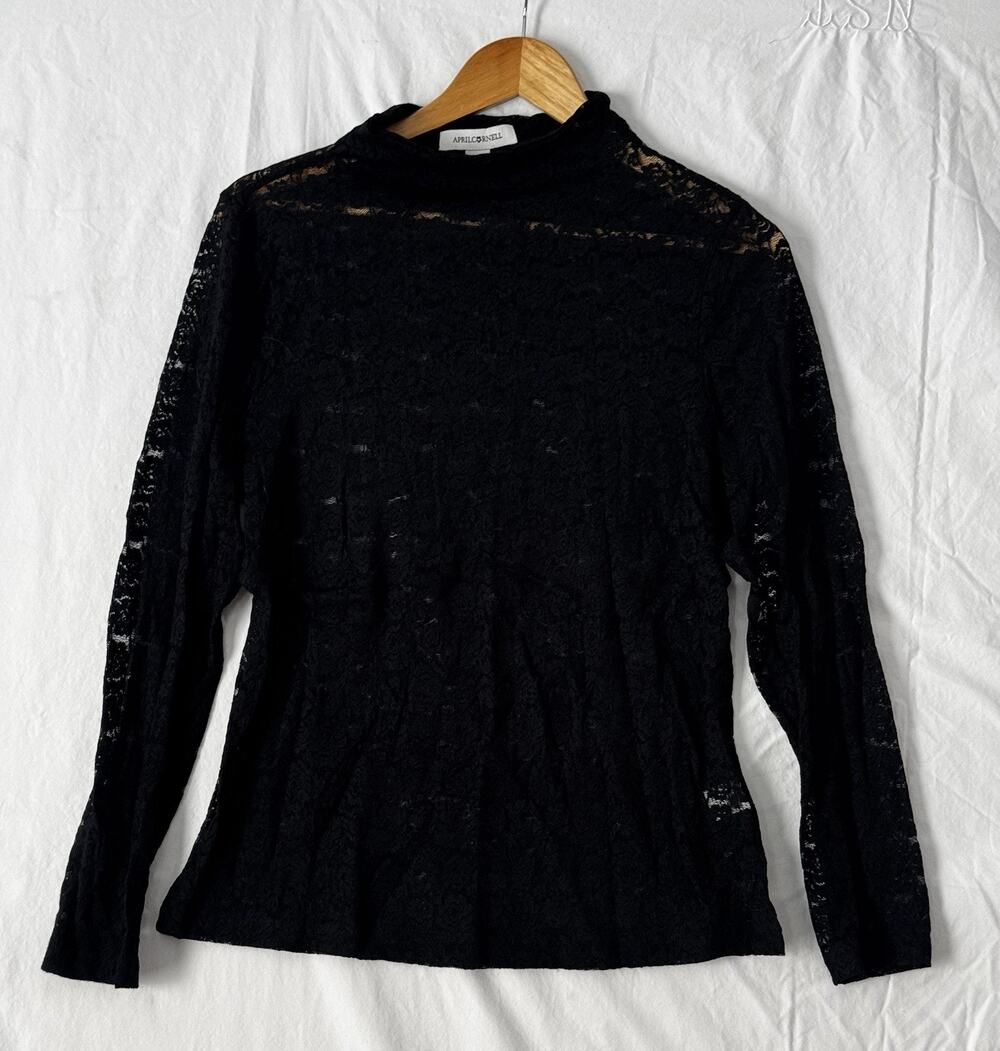 April Cornell Amelie Black Sheer Floral Lace Top Stretch Mock Neck Size S LS